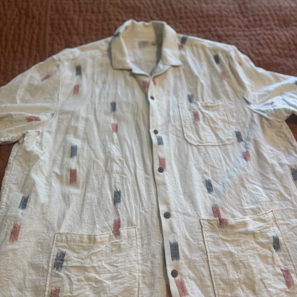 Faherty Brand Mens XXL Short Sleeve Ikat Print Linen Blend Camp Shirt Cream - Picture 2 of 9